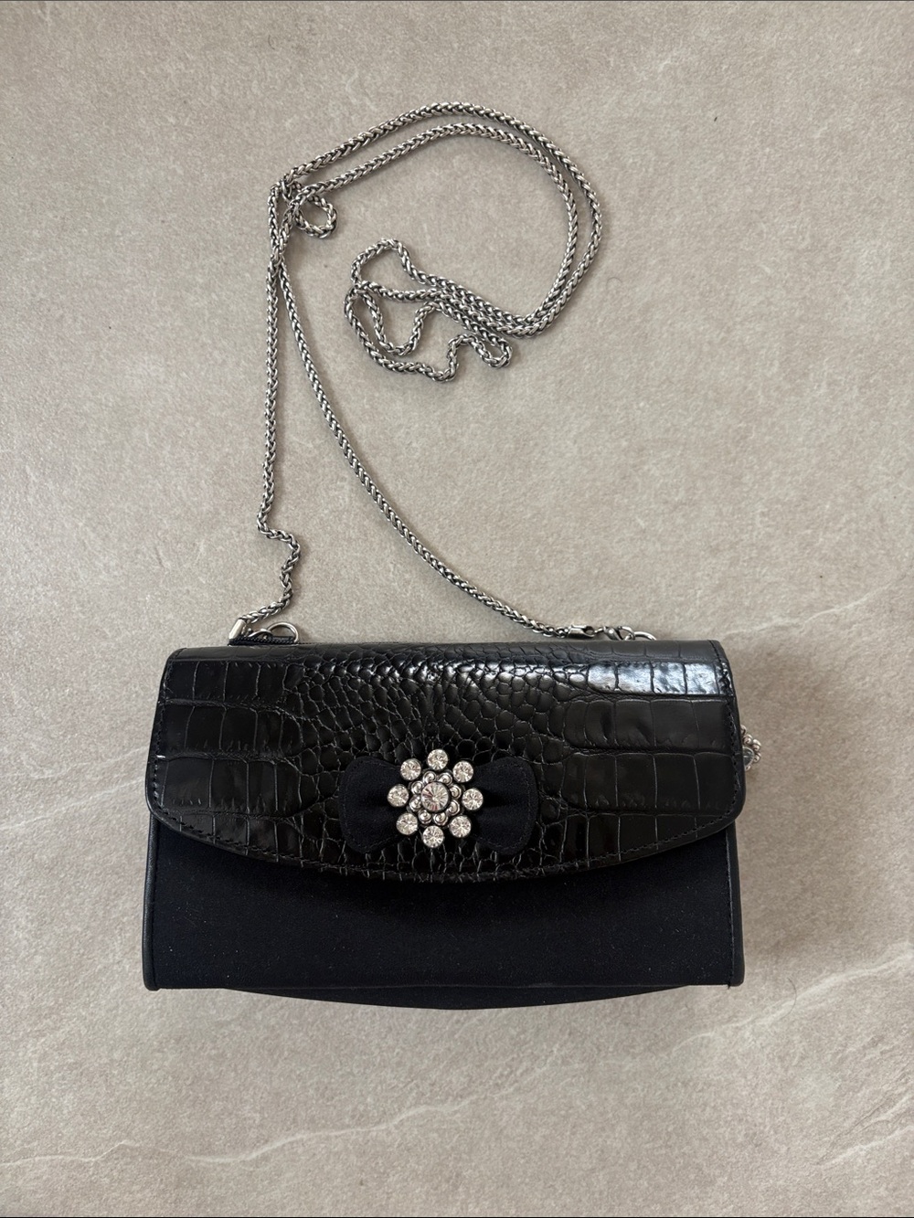 Brighton Black Croc-Embossed Crossbody with Crystal Flower